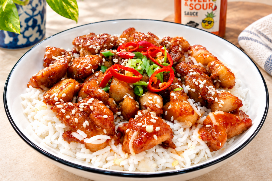 Sweet and spicy air-fried chicken over rice with sesame seeds, red chilies, and green onions
